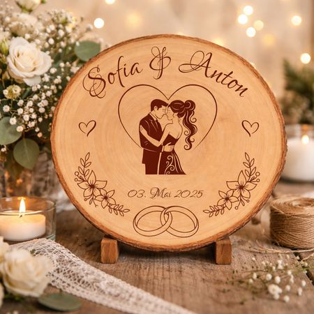 Baumscheibe mit Gravur 30 cm Brautpaar mit Herz Personalisiert Hochzeitsgeschenk