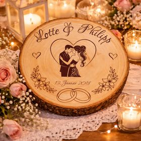 Personalisierte Holz-Baumscheibe als Hochzeitsgeschenk, dekoriert mit Kerzen, Rosen und Spitze auf einer festlichen Tischdekoration.