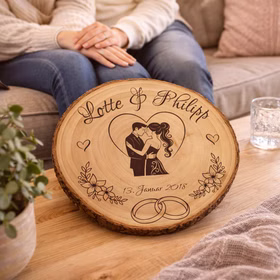 Personalisierte Baumscheibe mit Gravur liegt als Erinnerungsstück auf einem Wohnzimmertisch vor einem sitzenden Paar.