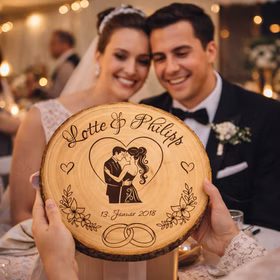 Hochzeitspaar lächelt im Hintergrund, während eine personalisierte Baumscheibe als Hochzeitsgeschenk überreicht wird.
