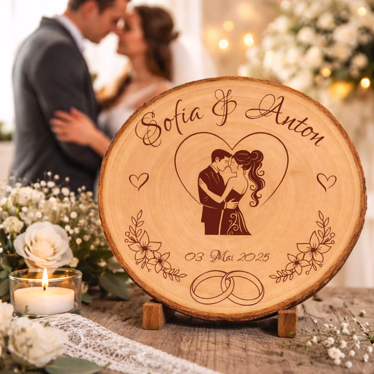 Baumscheibe mit Gravur 30 cm Brautpaar Personalisiert Hochzeitsgeschenk Namen und Datum Hochzeit Jahrestag Geschenkidee Hochzeitsgeschenk Silberhochzeit Personalisierte Holzscheibe im Vordergrund, im Hintergrund unscharfes Brautpaar, umgeben von Blumen und Kerzenlicht.