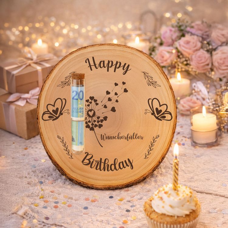 Baumscheibe 30 cm Happy Birthday Wunscherfüller Geldgeschenk Dekorative Baumscheibe mit Geburtstagsgravur und Wunscherfüller, kombiniert mit einem Reagenzglas für Geldgeschenke, umgeben von Kerzen, Geschenken und einem Geburtstags-Cupcake.