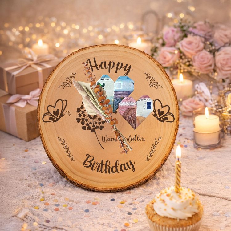 Baumscheibe 30 cm Happy Birthday Wunscherfüller Geldgeschenk Dekorative Baumscheibe mit Geburtstagsgravur und Wunscherfüller, kombiniert mit einem Reagenzglas für Geldgeschenke, umgeben von Kerzen, Geschenken und einem Geburtstags-Cupcake.