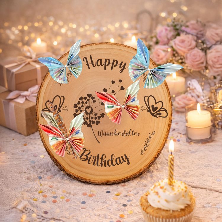 Baumscheibe 30 cm Happy Birthday Wunscherfüller Geldgeschenk Dekorative Baumscheibe mit Geburtstagsgravur und Wunscherfüller, kombiniert mit einem Reagenzglas für Geldgeschenke, umgeben von Kerzen, Geschenken und einem Geburtstags-Cupcake.
