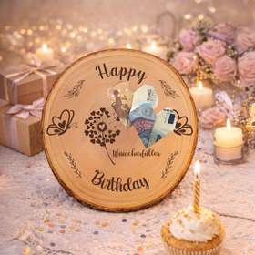 Baumscheibe mit graviertem „Happy Birthday“-Motiv, dekoriert mit zu Herzen gefalteten Geldscheinen als kreatives Geldgeschenk in festlicher Geburtstagsumgebung.