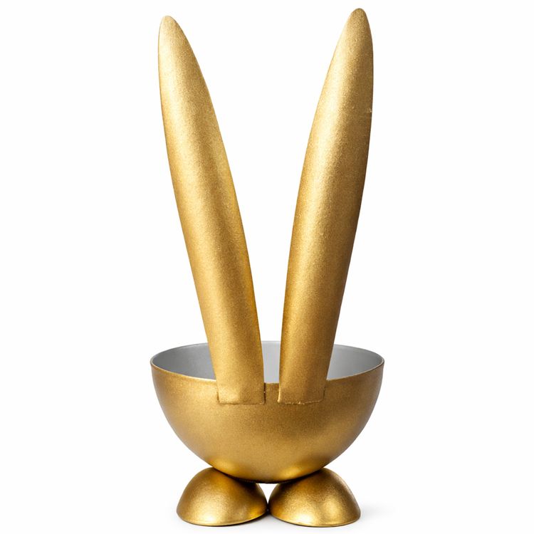 2 Eierbecher Hase Gold aus Metall Osterhase 10 cm gedeckter Tisch Ostern Zwei goldfarbene Eierbecher im Osterhasen-Design aus Metall nebeneinander stehend mit weißer Innenseite, Hasenohren und liebevoll gestaltetem Gesicht.