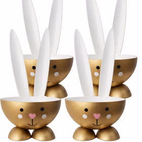 Eierbecher-Set 4 Stück Hase Gold aus Metall Osterhase gedeckter Tisch Ostern Oster-Deko Dekoration Frühling Osterfest Osterbrunch Tisch-Deko Vier goldene Eierbecher in Hasenform aus Metall nebeneinander auf weißem Hintergrund.