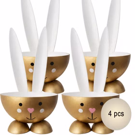Eierbecher-Set 4 Stück Hase Gold aus Metall Osterhase gedeckter Tisch Ostern Oster-Deko Dekoration Frühling Osterfest Osterbrunch Tisch-Deko Vier goldfarbene Eierbecher in Hasenform aus Metall mit weißen Ohren und rosa Herz-Nase, frontal auf weißem Hintergrund angeordnet; rechts unten Hinweis 4 Stück.