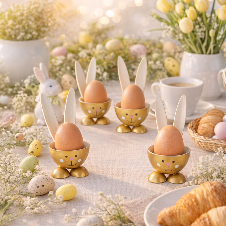 Eierbecher-Set 4 Stück Hase Gold aus Metall Osterhase gedeckter Tisch Ostern Oster-Deko Dekoration Frühling Osterfest Osterbrunch Tisch-Deko Vier goldene Hasen-Eierbecher mit braunen Eiern auf einem dekorativ gedeckten Oster-Frühstückstisch mit Blumen, Croissants und Frühlingsdeko.