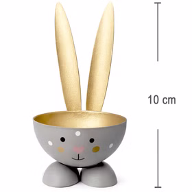 2 Eierbecher Hase Grau aus Metall Osterhase 10 cm gedeckter Tisch Ostern Oster-Deko Dekoration Frühling Osterfest Osterbrunch Tisch-Deko Hasen-Eierbecher in Grau und Gold auf weißem Hintergrund, daneben eine Höhenangabe von 10 cm; zwei lange goldene Ohren ragen nach oben, die Schale zeigt ein gemaltes Hasengesicht.