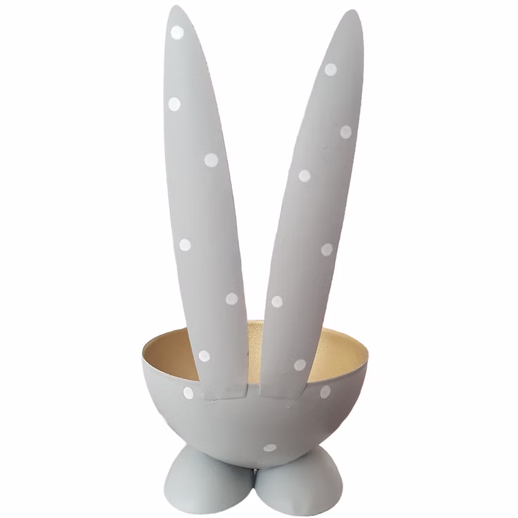 2 Eierbecher Hase Grau aus Metall Osterhase 10 cm gedeckter Tisch Ostern Oster-Deko Dekoration Frühling Osterfest Osterbrunch Tisch-Deko Rückansicht eines grauen Hasen-Eierbechers mit weiß gepunkteten Ohren und goldfarbener Innenseite; die beiden runden Standfüße sind unten sichtbar.
