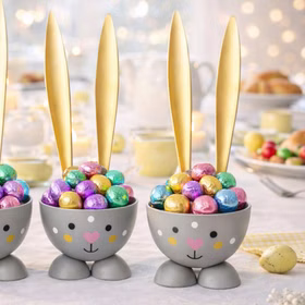 Graue Hasen-Eierbecher mit langen goldenen Ohren, gefüllt mit bunten Schokoladeneiern in glänzender Folie, auf einem festlich dekorierten Osterbrunch-Tisch.
