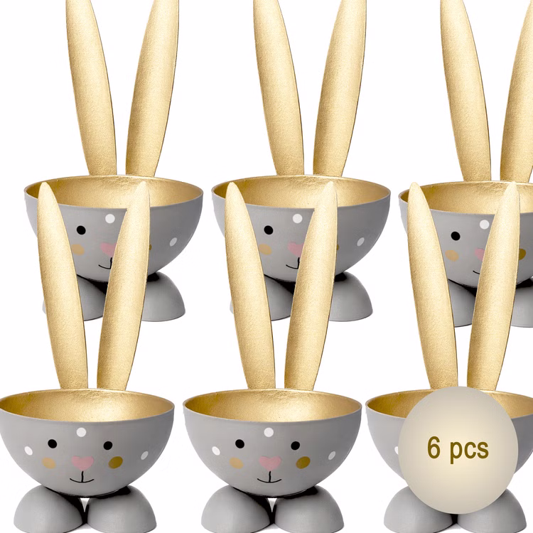 Eierbecher-Set 6 Stück Hase Gold aus Metall Osterhase gedeckter Tisch Ostern Oster-Deko Dekoration Frühling Osterfest Osterbrunch Tisch-Deko Sechs graue Hasen-Eierbecher mit goldenen Ohren auf weißem Hintergrund; unten rechts befindet sich ein runder Hinweis mit der Aufschrift „6 Stück“.