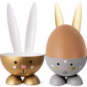 Eierbecher-Set Gold & Grau Hase Bunny 6 Stück Osterhasen-Brunch Tisch-Deko Oster-Deko Dekoration Frühling Osterfest Osterbrunch Tisch-Deko Goldener und grauer Hasen-Eierbecher im Vergleich, rechts mit eingesetztem braunem Hühnerei.