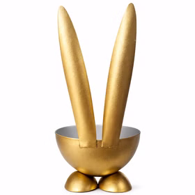 Eierbecher-Set Gold & Grau Hase Bunny 6 Stück Osterhasen-Brunch Tisch-Deko Oster-Deko Dekoration Frühling Osterfest Osterbrunch Tisch-Deko Rückansicht des goldenen Hasen-Eierbechers mit langen Ohren und kleinen Standfüßen.