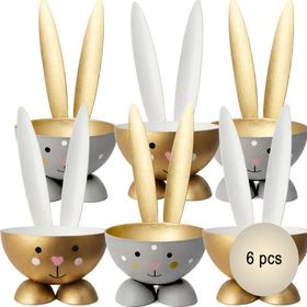 6er Set Hasen-Eierbecher in Gold und Grau mit langen Ohren, freigestellt auf weißem Hintergrund.