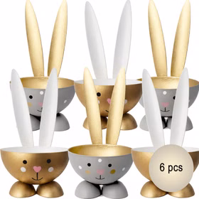 Eierbecher-Set Gold & Grau Hase Bunny 6 Stück Osterhasen-Brunch Tisch-Deko Oster-Deko Dekoration Frühling Osterfest Osterbrunch Tisch-Deko 6er Set Hasen-Eierbecher in Gold und Grau mit langen Ohren, freigestellt auf weißem Hintergrund.
