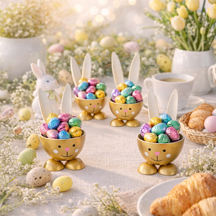 Eierbecher-Set Gold & Grau Hase Bunny 6 Stück Osterhasen-Brunch Tisch-Deko Oster-Deko Dekoration Frühling Osterfest Osterbrunch Tisch-Deko Goldene Hasen-Eierbecher mit Eiern auf festlich dekoriertem Ostertisch mit Blumen und Croissants.