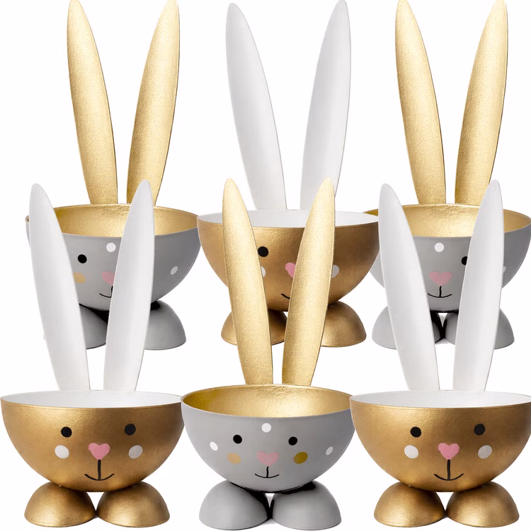 Eierbecher-Set Gold & Grau Hase Bunny 6 Stück Osterhasen-Brunch Tisch-Deko Oster-Deko Dekoration Frühling Osterfest Osterbrunch Tisch-Deko Goldener Hasen-Eierbecher mit Maßangabe 10 cm Höhe, Vorderansicht auf weißem Hintergrund.