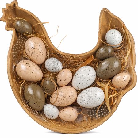 Osterdeko Holzschale Huhn 27 x 30 cm mit 16 Dekoeiern Osternest