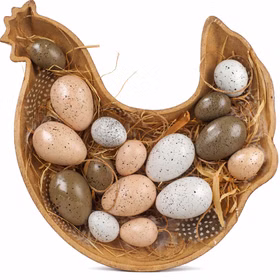 Osterdeko Holzschale Huhn 27 x 30 cm mit 16 Dekoeiern Osternest Oster-Dekoration Tisch-Deko Osterfest FRühjahr Frühling Henne mit Eiern Holzeier Ostereier Holzschale in Huhn-Form mit 16 gesprenkelten Dekoeiern in Naturtönen auf weißem Hintergrund.