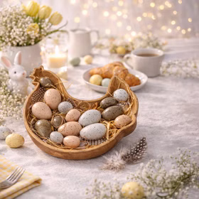 Osterdeko Holzschale Huhn 27 x 30 cm mit 16 Dekoeiern Osternest Oster-Dekoration Tisch-Deko Osterfest FRühjahr Frühling Henne mit Eiern Holzeier Ostereier Holzschale in Huhn-Form mit Dekoeiern als Osterdeko auf festlich gedecktem Tisch.