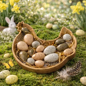 Osterdeko Holzschale Huhn 27 x 30 cm mit 16 Dekoeiern Osternest Oster-Dekoration Tisch-Deko Osterfest FRühjahr Frühling Henne mit Eiern Holzeier Ostereier Oster-Holzschale mit gesprenkelten Dekoeiern dekorativ auf Moos im Frühlingsgarten arrangiert.