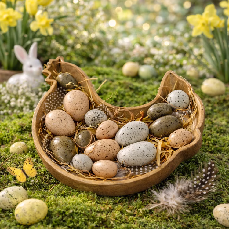 Osterdeko Holzschale Huhn 27 x 30 cm mit 16 Dekoeiern Osternest Oster-Dekoration Tisch-Deko Osterfest FRühjahr Frühling Henne mit Eiern Holzeier Ostereier Oster-Holzschale mit gesprenkelten Dekoeiern dekorativ auf Moos im Frühlingsgarten arrangiert.