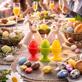 2 Eierwärmer Hasen aus Filz Hasenmann & Hasenfrau Tisch-Deko Ostern Osterbrunch Osterfrühstück Tisch-Deko Osterhase Osterfest Osterlich gedeckter Frühstückstisch mit drei brennenden Eierkerzen in Rot, Grün und Gelb sowie zwei Filz-Eierwärmern im Hasen-Design, umgeben von Blumen, Schoko-Eiern und Gebäck.