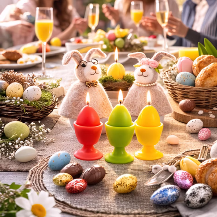 2 Eierwärmer Hasen aus Filz Hasenmann & Hasenfrau Tisch-Deko Ostern Osterbrunch Osterfrühstück Tisch-Deko Osterhase Osterfest Osterlich gedeckter Frühstückstisch mit drei brennenden Eierkerzen in Rot, Grün und Gelb sowie zwei Filz-Eierwärmern im Hasen-Design, umgeben von Blumen, Schoko-Eiern und Gebäck.