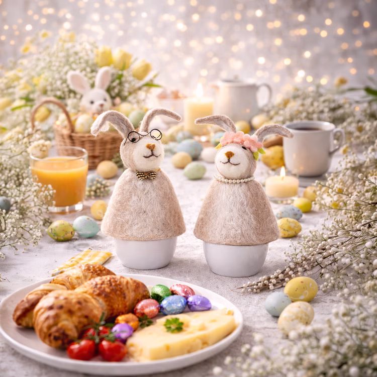 2 Eierwärmer Hasen aus Filz Hasenmann & Hasenfrau Tisch-Deko Ostern Osterbrunch Osterfrühstück Tisch-Deko Osterhase Osterfest Hasen-Eierwärmer auf Frühstückstisch mit Croissants, Schokoeiern, Frühlingsblumen und Osterdekoration im Hintergrund.