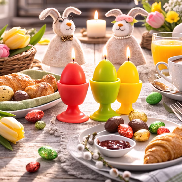 Osterkerzen 3er-Set bunt im Eierbecher Tischdeko Ostern Osterfest Osterbrunch Osterfrühstück Kerze Deko Drei brennende Eierkerzen in Eierbecher-Optik auf einem festlich dekorierten Osterfrühstückstisch mit Croissants, Saft und Blumen.