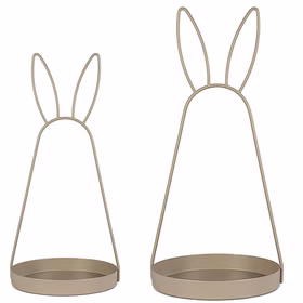 Oster-Deko Serviertablett mit Hasenohren Schale aus Metall 49 cm Hasenohren Deko-Etagere (1-stufig) Osterdeko Ostern Osterfest Dekoration Zwei goldfarbene Hasenohren-Dekoschalen aus Metall in unterschiedlichen Höhen, 39 cm und 49 cm, auf weißem Hintergrund.