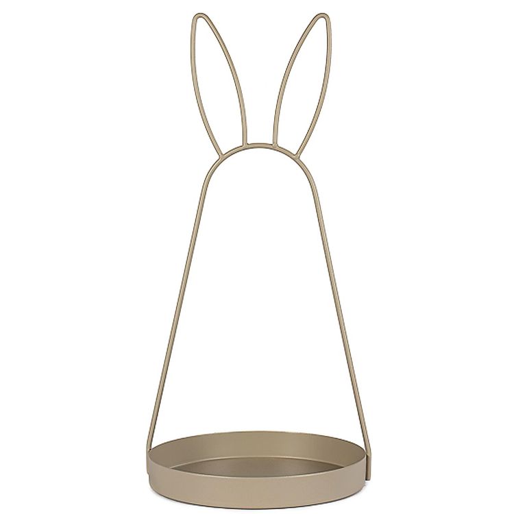 Goldfarbene Metall-Dekoschale mit Hasenohren, 49 cm hoch, auf weißem Hintergrund freigestellt.