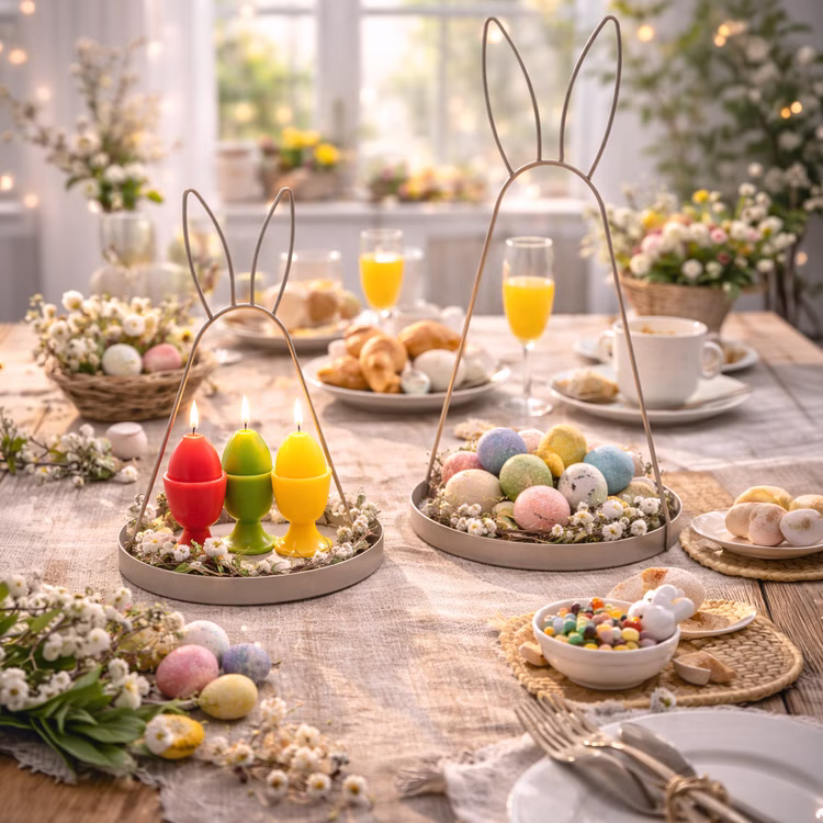 Oster-Deko Serviertablett mit Hasenohren Schale aus Metall 49 cm Hasenohren Deko-Etagere (1-stufig) Osterdeko Ostern Osterfest Dekoration Zwei goldfarbene Hasenohren-Dekoschalen aus Metall in unterschiedlichen Höhen, 39 cm und 49 cm, auf weißem Hintergrund.