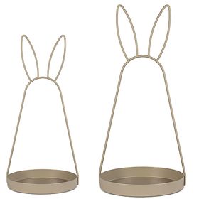 Zwei goldfarbene Oster-Dekoschalen aus Metall mit Hasenohren in unterschiedlichen Größen, 39 cm und 49 cm, auf weißem Hintergrund freigestellt.