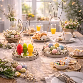 Oster-Deko Serviertablett 2er-Set mit Hasenohren 49 cm & 39 cm Schale aus Metall Hasenohren Deko-Etagere (1-stufig) Osterdeko Ostern Osterfest Dekoration Oster-Tischdekoration mit zwei goldfarbenen Hasenohren-Schalen aus Metall, befüllt mit bunten Ostereiern und Kerzen, auf festlich gedecktem Frühstückstisch.