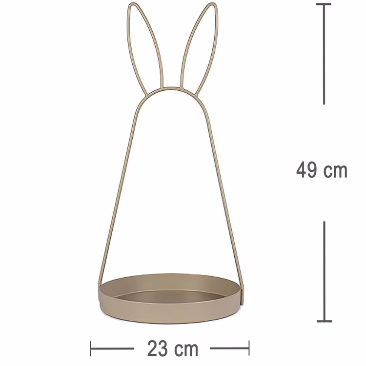 Oster-Deko Serviertablett 2er-Set mit Hasenohren 49 cm & 39 cm Schale aus Metall Hasenohren Deko-Etagere (1-stufig) Osterdeko Ostern Osterfest Dekoration Goldfarbene Metall-Dekoschale mit Hasenohren, 49 cm hoch und 23 cm Durchmesser, freigestellt auf weißem Hintergrund mit eingezeichneten Maßangaben.