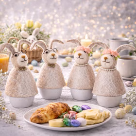 Vier Hasen-Eierwärmer auf Frühstückstisch mit Croissants, Schokoeiern, Frühlingsblumen und Osterdekoration im Hintergrund.