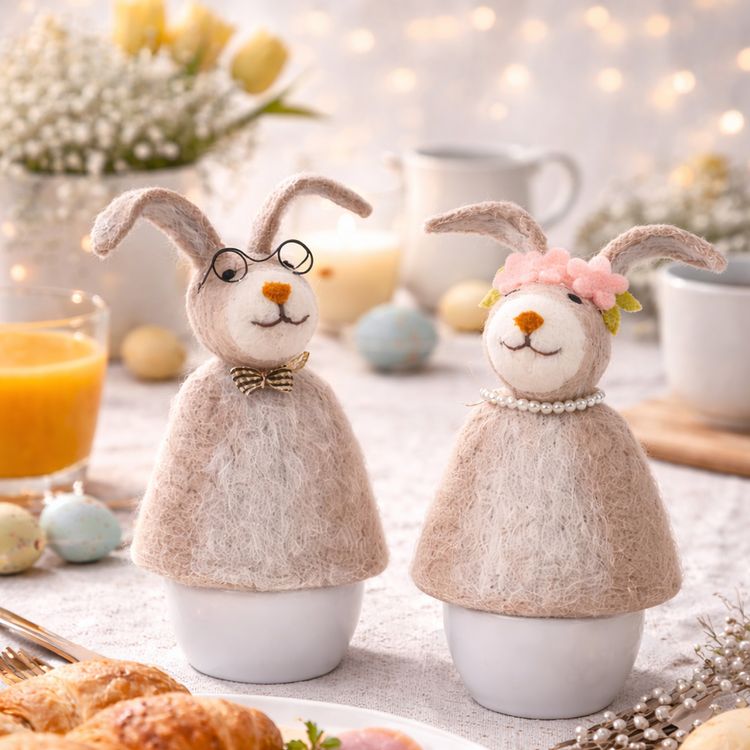 Eierwärmer Hasen aus Filz 4er-Set Hasenmann & Hasenfrau Tisch-Deko Ostern Vier Filz-Eierwärmer in Hasenform – 2 mal Hasenmann mit Brille und Schleife, 2 mal Hasenfrau mit Blütenkranz und Perlenkette – vor weißem Hintergrund.