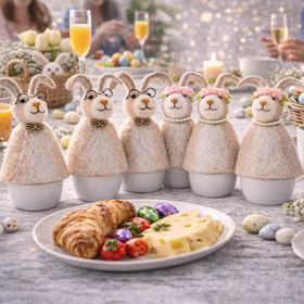 Sechs Hasen-Eierwärmer auf Frühstückstisch mit Croissants, Schokoeiern, Frühlingsblumen und Osterdekoration im Hintergrund.