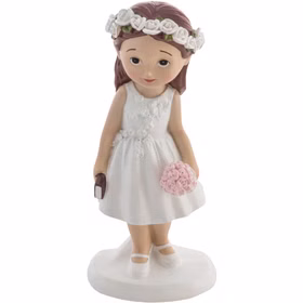 Dekofigur Mädchen zur Erstkommunion mit Blumenkranz, weißem Kleid, Bibel und rosa Blumenstrauß aus Kunstharz auf weißem Hintergrund.