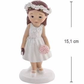 Kommunionfigur Mädchen aus Kunstharz mit Blumenkranz und Bibel, Höhe 15,1 cm, mit Maßangabe zur Größenübersicht.