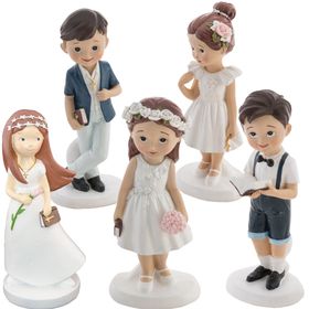 Dekofigur Mädchen zur Erstkommunion mit Blumenkranz, weißem Kleid, Bibel und rosa Blumenstrauß aus Kunstharz auf weißem Hintergrund.