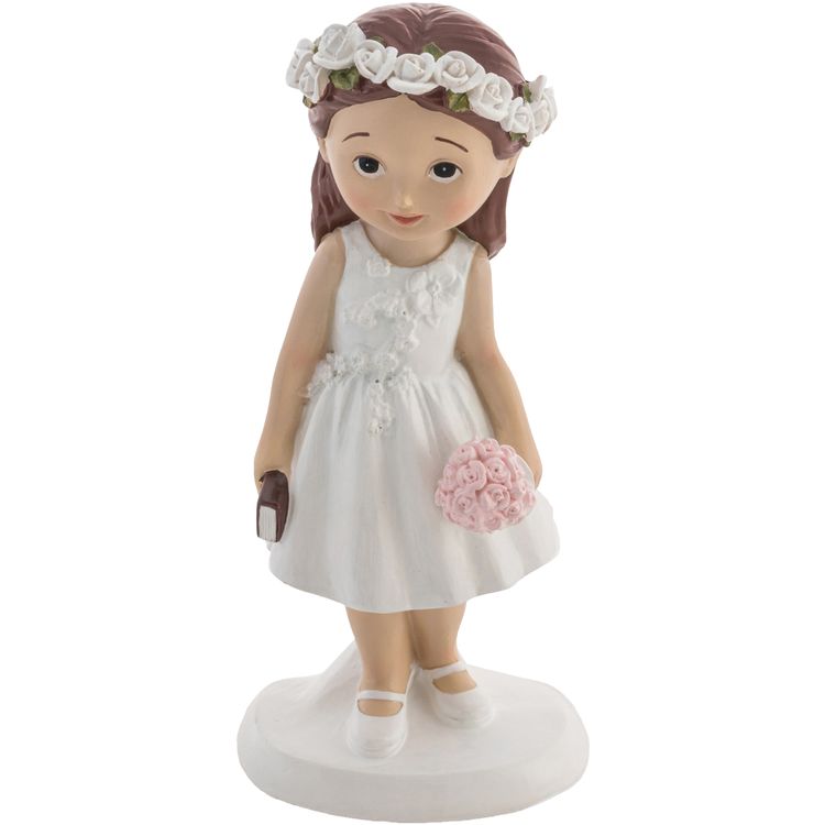 Kommunion Figur Mädchen mit Bibel & Blumenkranz 15 cm Torten-Deko Erstkommunion Dekofigur Mädchen zur Erstkommunion mit Blumenkranz, weißem Kleid, Bibel und rosa Blumenstrauß aus Kunstharz auf weißem Hintergrund.