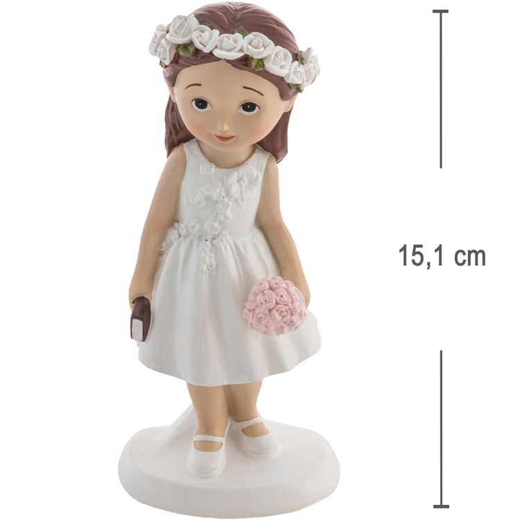 Kommunion Figur Mädchen mit Bibel & Blumenkranz 15 cm Torten-Deko Erstkommunion Dekofigur Mädchen zur Erstkommunion mit Blumenkranz, weißem Kleid, Bibel und rosa Blumenstrauß aus Kunstharz auf weißem Hintergrund.