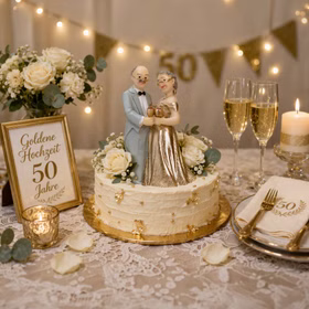Tortenaufsatz goldenes Ehepaar auf dekorierter Jubiläumstorte zur goldenen Hochzeit, umgeben von Blumen, Kerzen und goldener Tischdeko.