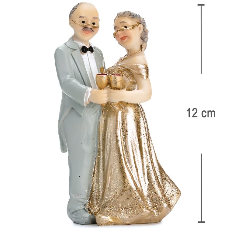 Tortenaufsatz Goldene Hochzeit Ehepaar Jubiläum Tisch-Deko Party-Zubehör Figur eines älteren Ehepaares als Tortenaufsatz zur goldenen Hochzeit, Mann im hellen Anzug und Frau im goldenen Kleid stoßen mit Sektgläsern an.