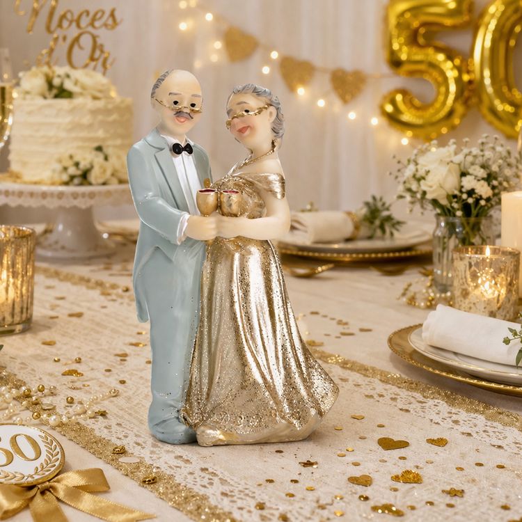 Tortenaufsatz Goldene Hochzeit Ehepaar Jubiläum Tisch-Deko Party-Zubehör Figur eines älteren Ehepaares als Tortenaufsatz zur goldenen Hochzeit, Mann im hellen Anzug und Frau im goldenen Kleid stoßen mit Sektgläsern an.
