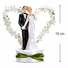 Tortenfigur Hochzeitspaar mit Rosenherz und Maßangabe 16 cm Höhe, detailreiche Hochzeitsdekoration für Torte oder Tisch.